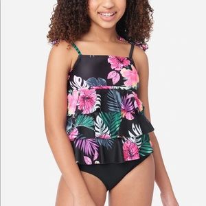 JUSTICE Girls Tankini Swimsuit Black Floral Ruffle New! Size 12 14 Large